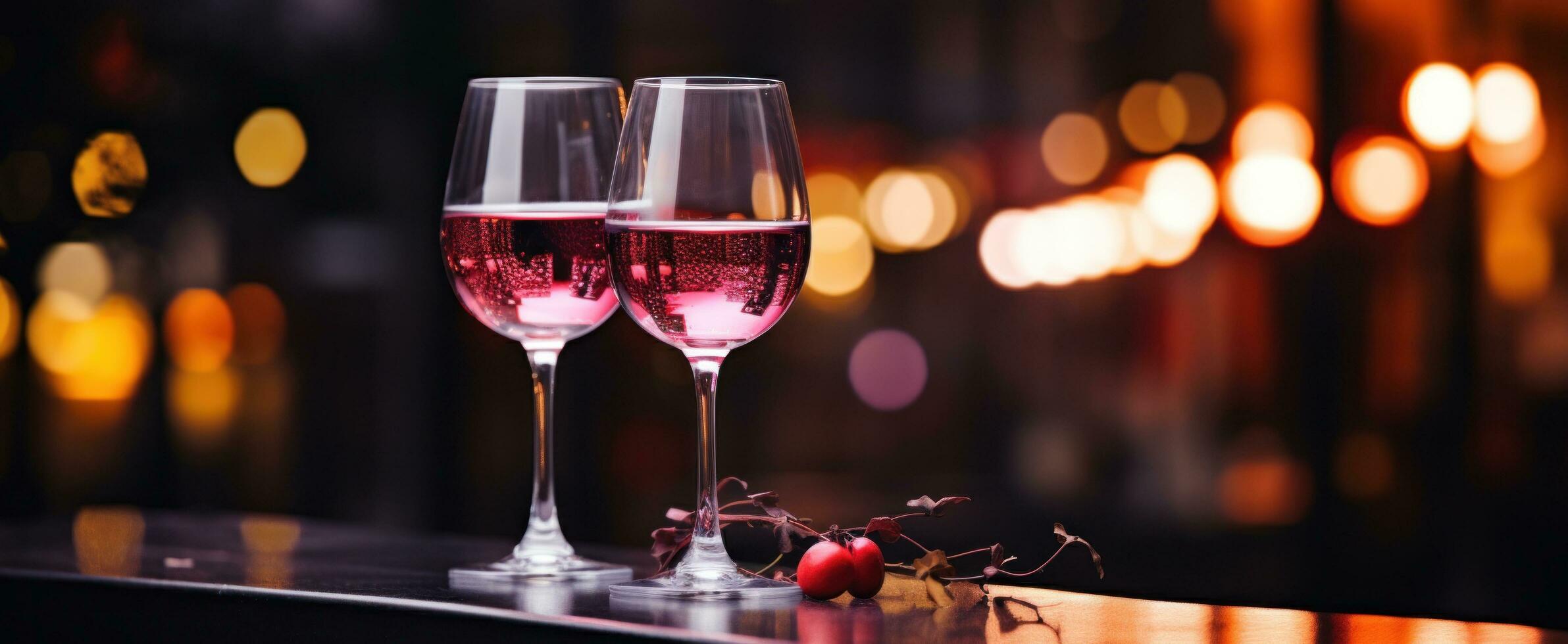 ai generado dos lentes de vino y rosas en un rojo mesa foto