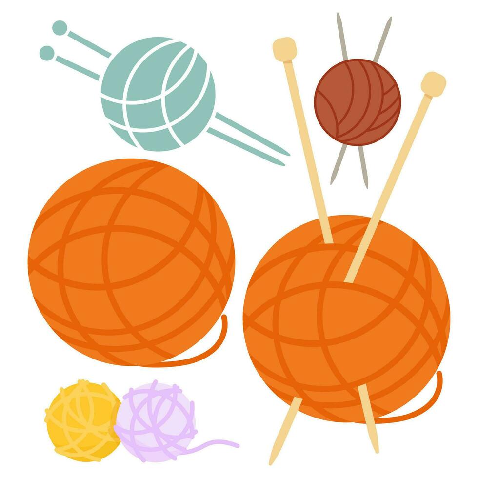Set of different balls of wool with knitting needles vector