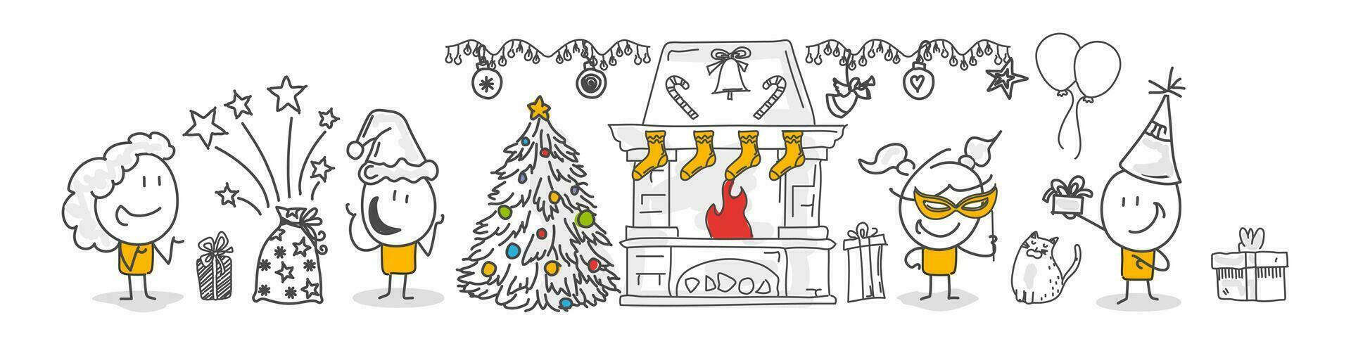 Stick figures. Happy new year. Hand drawn doodle line art cartoon