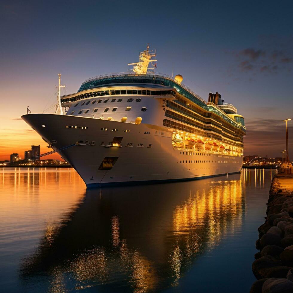AI generated An evocative shot of a cruise ship departing from port at sunset photo