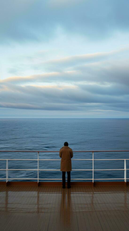 AI generated A serene image of a lone figure standing on the deck of a cruise ship photo