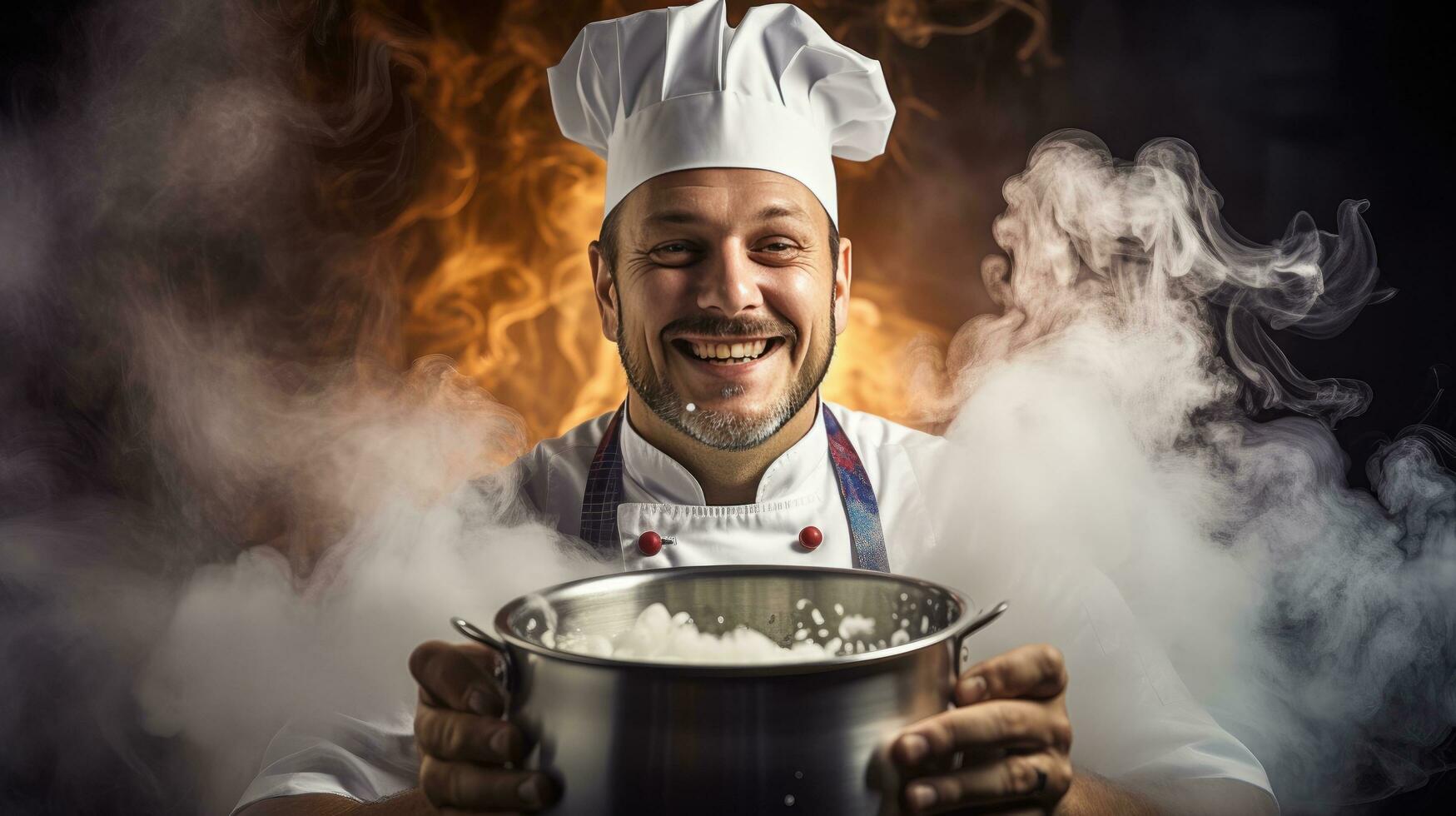 ai generado un cocinero participación un humeante maceta de sopa, con vapor creciente alrededor su cara foto