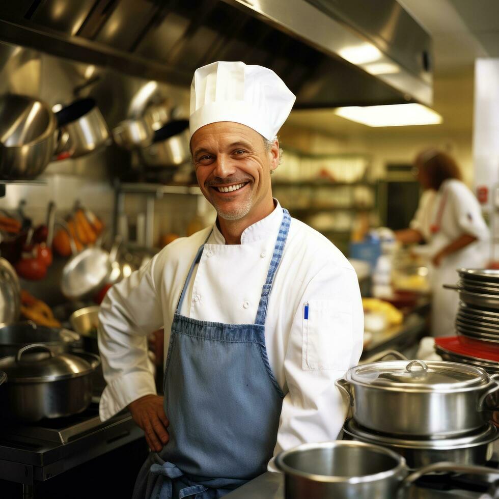 ai generado un cocinero en un bullicioso cocina, rodeado por ollas y sartenes, con un confidente mueca en su cara foto