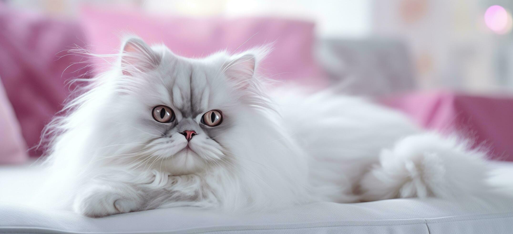 ai generado un persa gato pone en parte superior de un rosado sofá foto