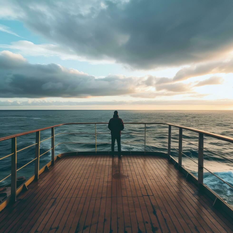 AI generated A serene image of a lone figure standing on the deck of a cruise ship photo