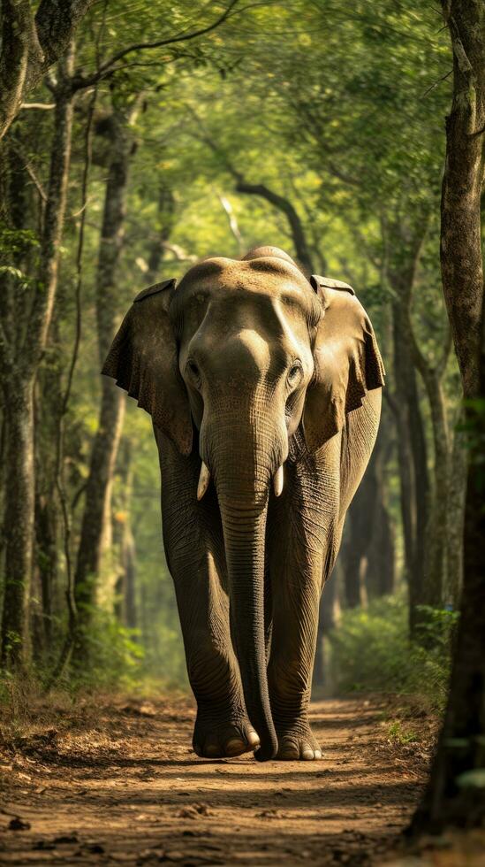 ai generado un real y majestuoso elefante, sus masivo formar enanismo el arboles alrededor eso foto