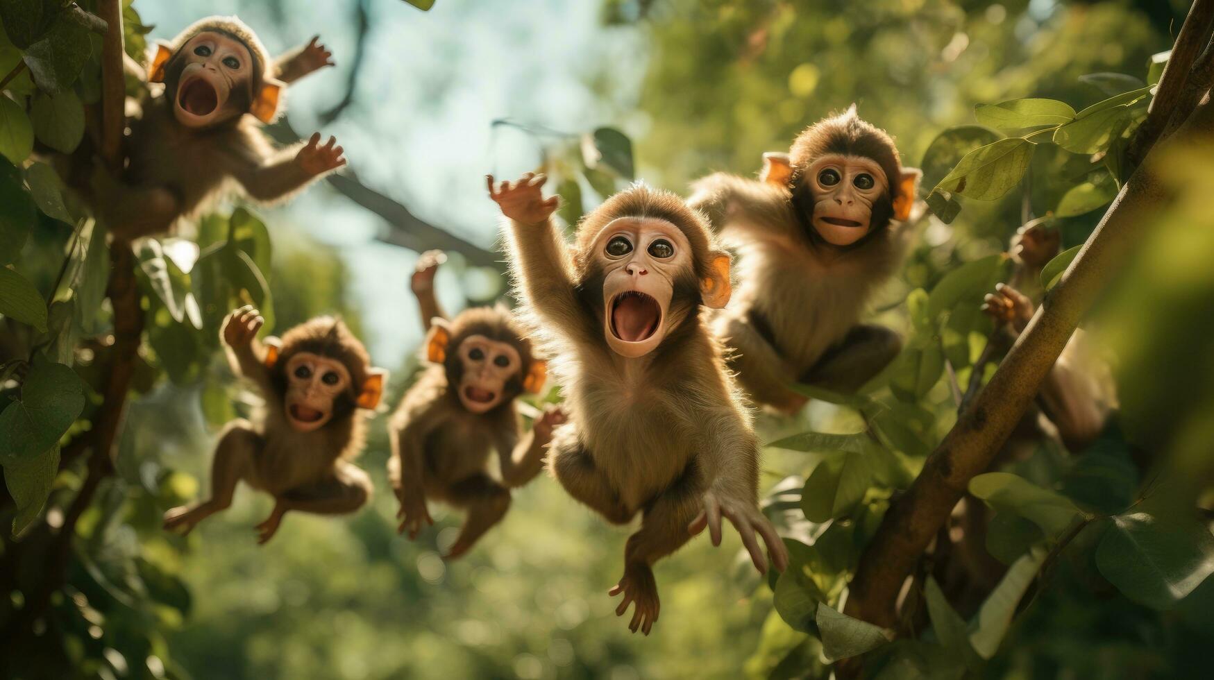 AI generated A playful group of monkeys swings through the trees photo