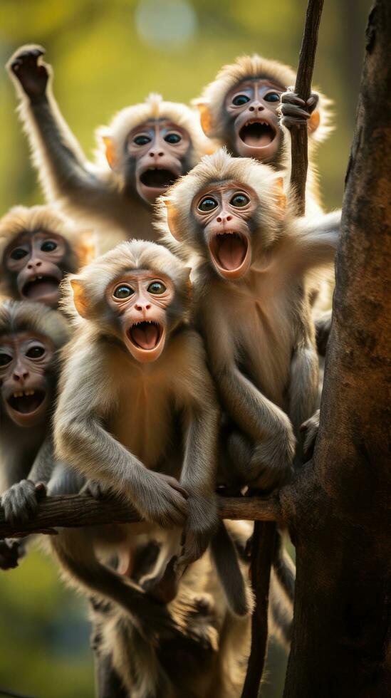 AI generated A playful group of monkeys swings through the trees photo