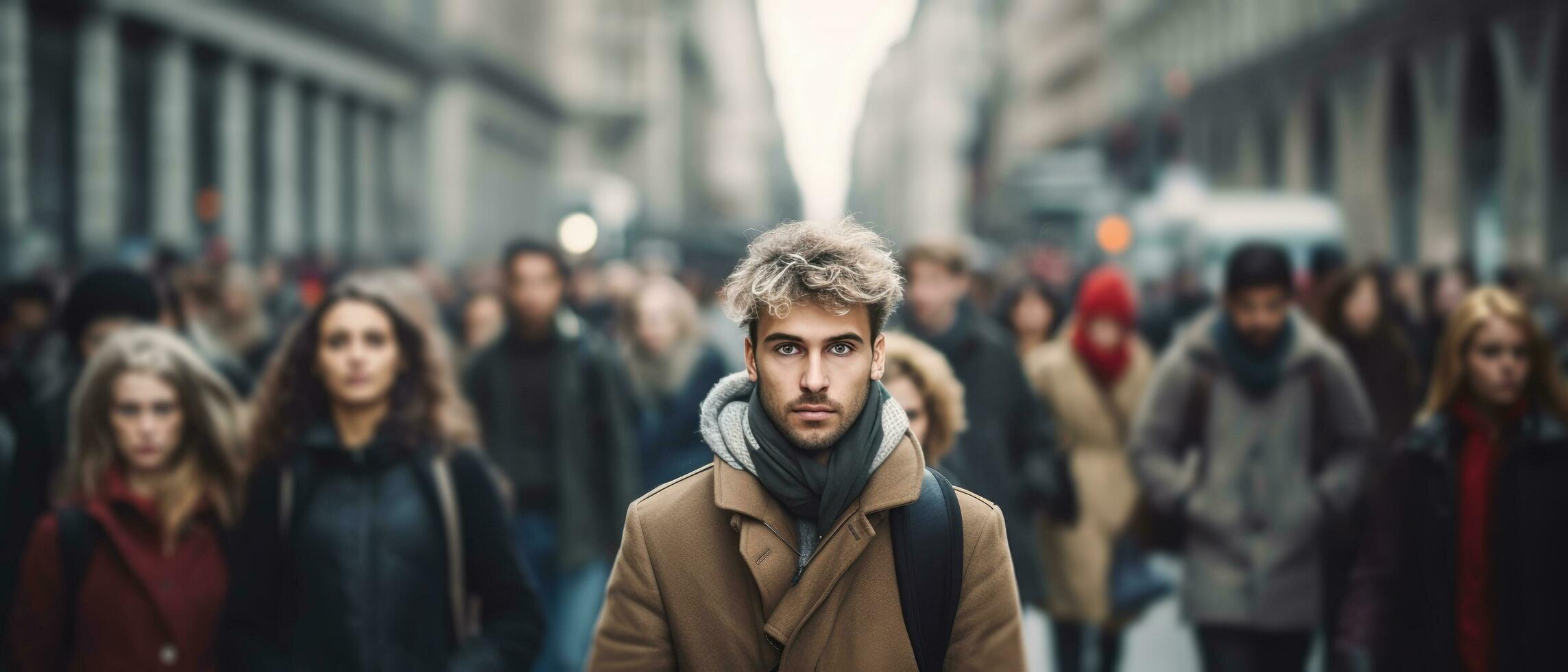 AI generated a person is walking through a crowd of people on a city street photo