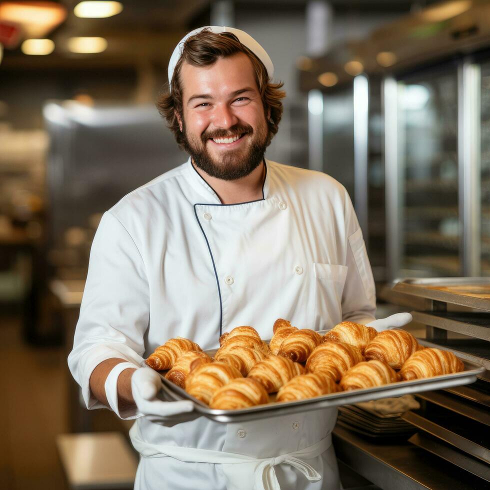 ai generado un sonriente cocinero participación un bandeja de recién horneado croissants foto