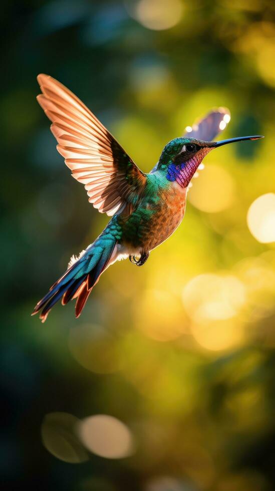 AI generated A vibrant hummingbird hovering in mid-air, its iridescent feathers glinting in the sunlight photo