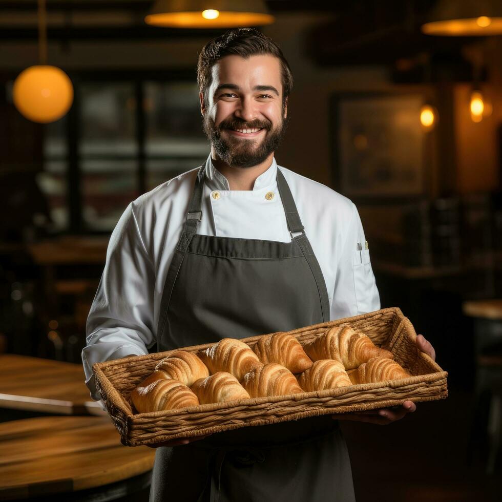 AI generated a smiling chef holding a tray of freshly baked croissants photo