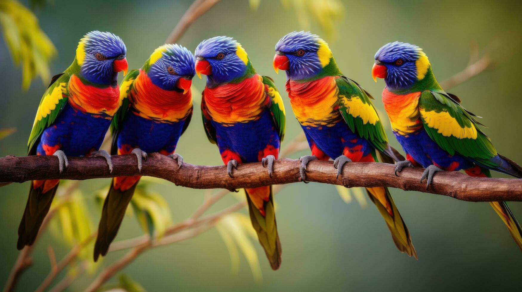 AI generated A group of brightly colored lorikeets perched on a tree branch photo