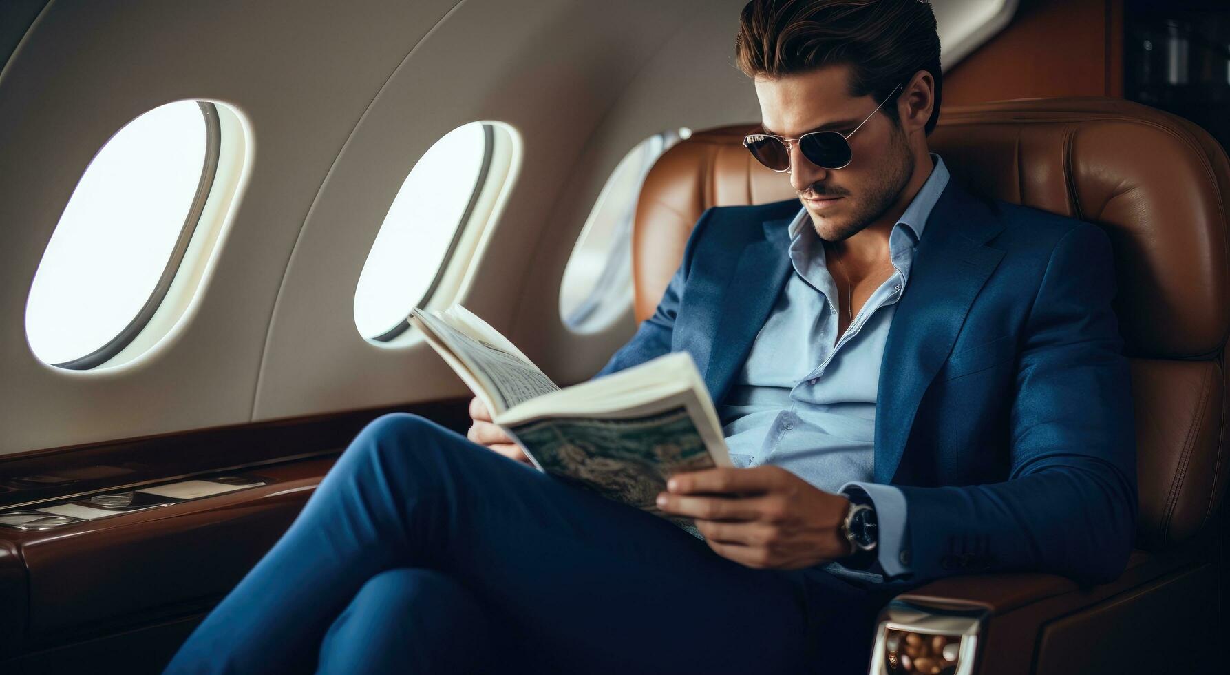 AI generated a man reading in an airplane while he takes off his shoes and sunglasses photo