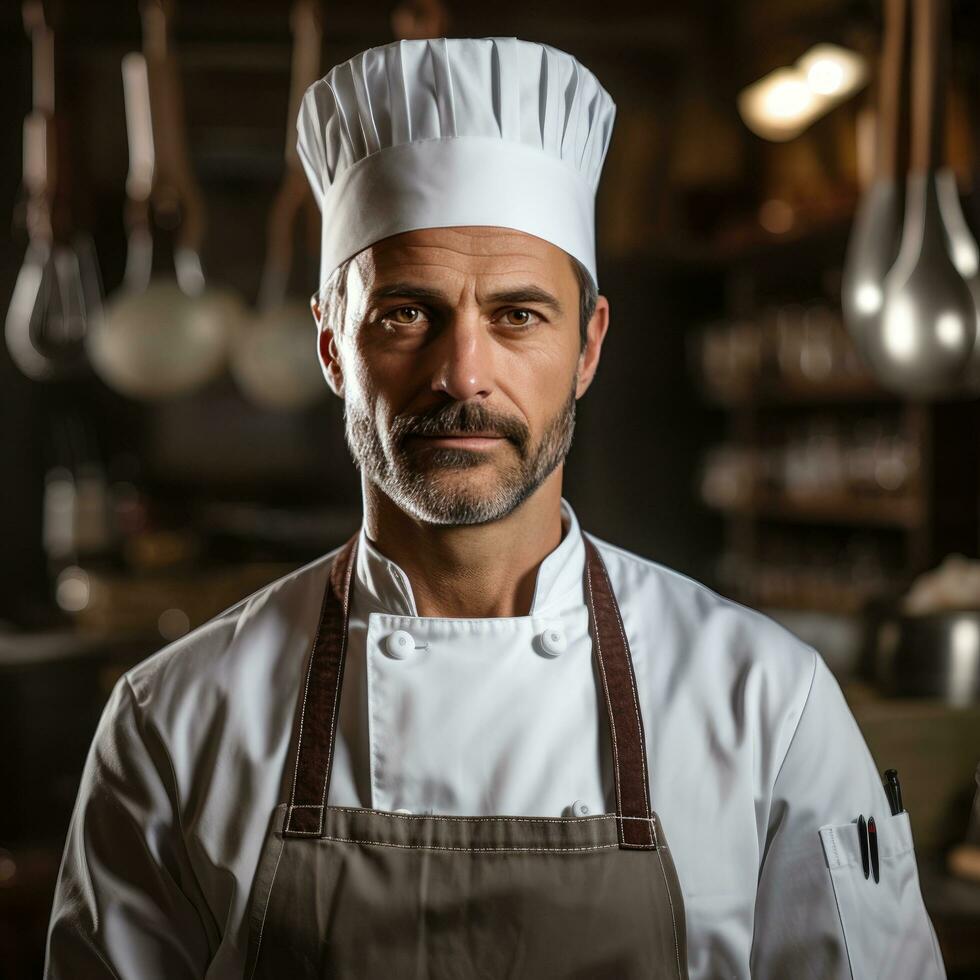 AI generated A close-up shot of a handsome chef holding a whisk with a serious look on his face photo