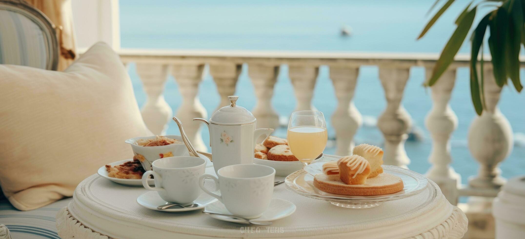 ai generado un vaso de té con desayuno en el mesa foto
