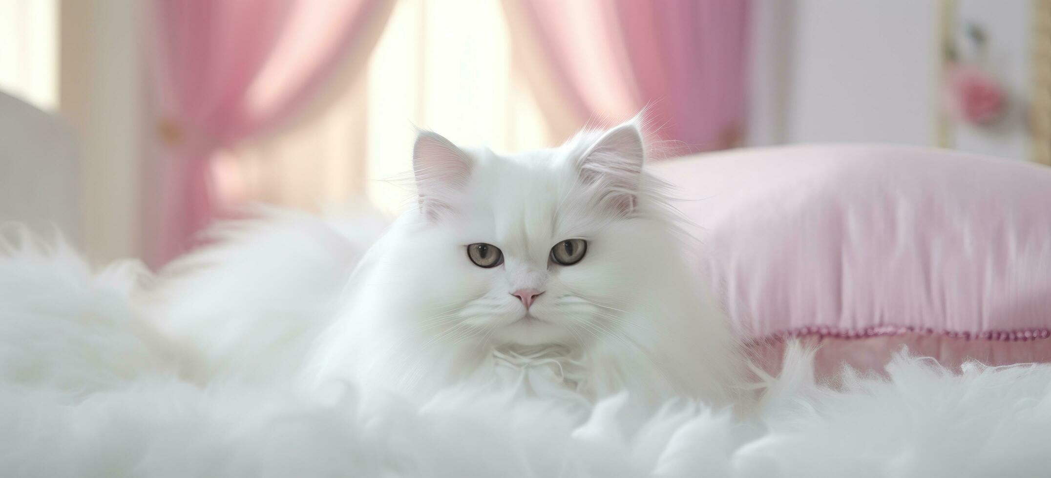 AI generated a fluffy white cat sits on a bed with a pink pillow photo