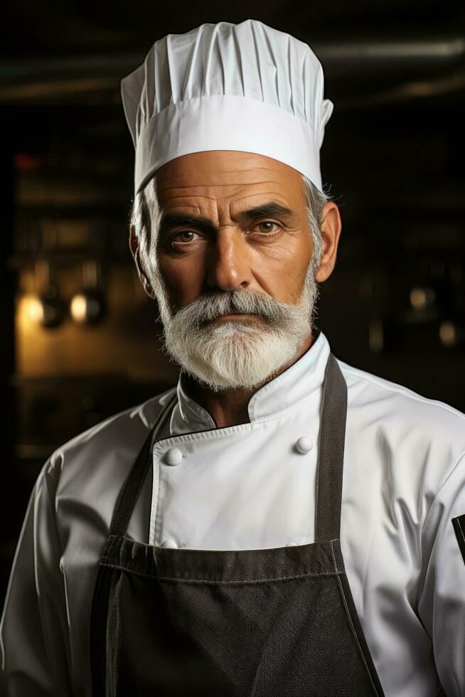 AI generated A close-up shot of a handsome chef holding a whisk with a serious look on his face photo