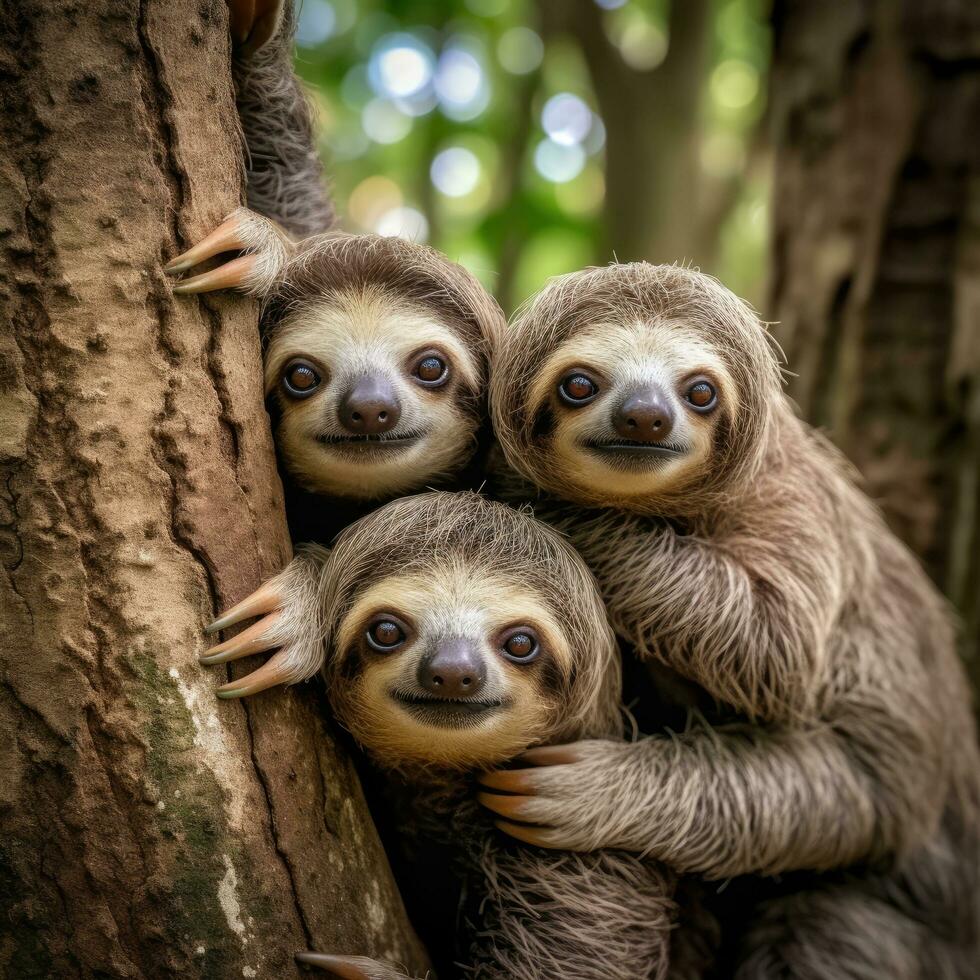 AI generated A family of adorable sloths clings contentedly to a tree trunk photo
