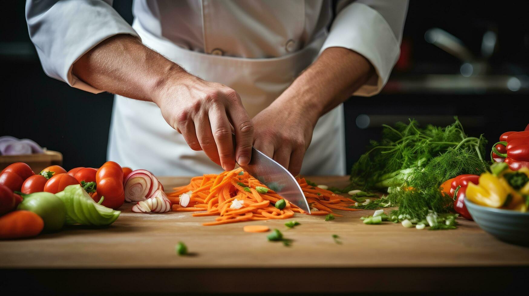 ai generado un de cerca Disparo de un del chef manos como él expertamente cortes vegetales con un agudo cuchillo foto