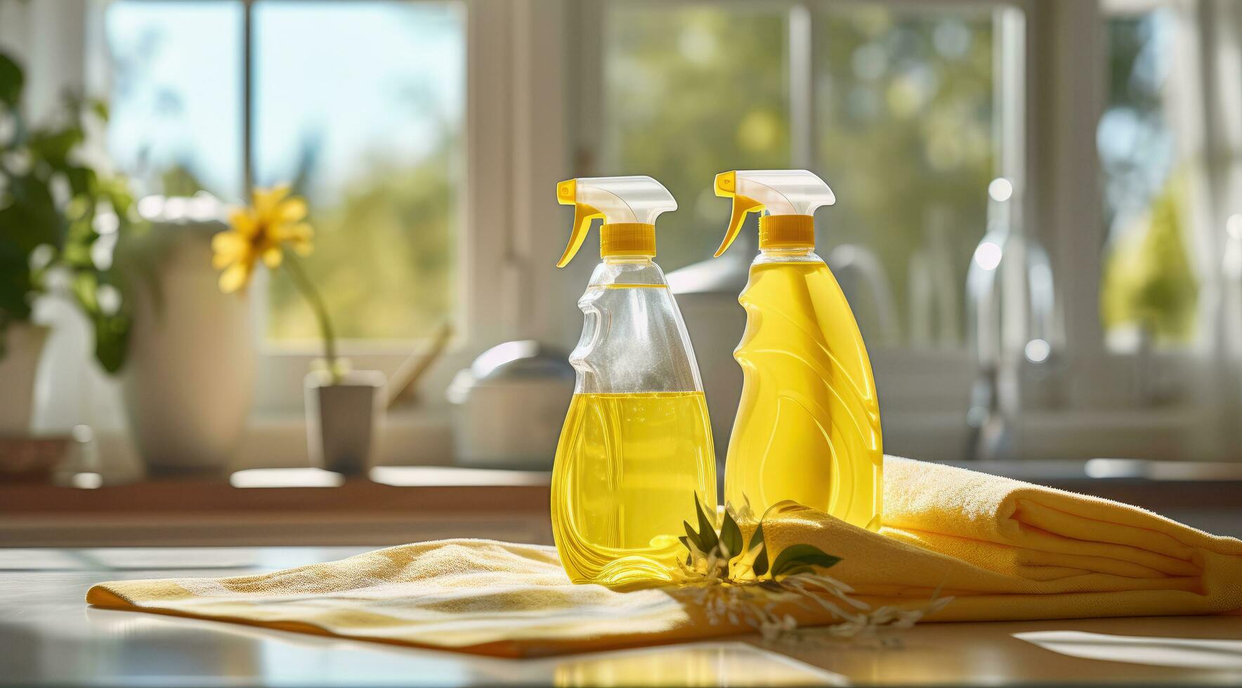 AI generated a bottle of home cleaning spray and towels on a counter photo