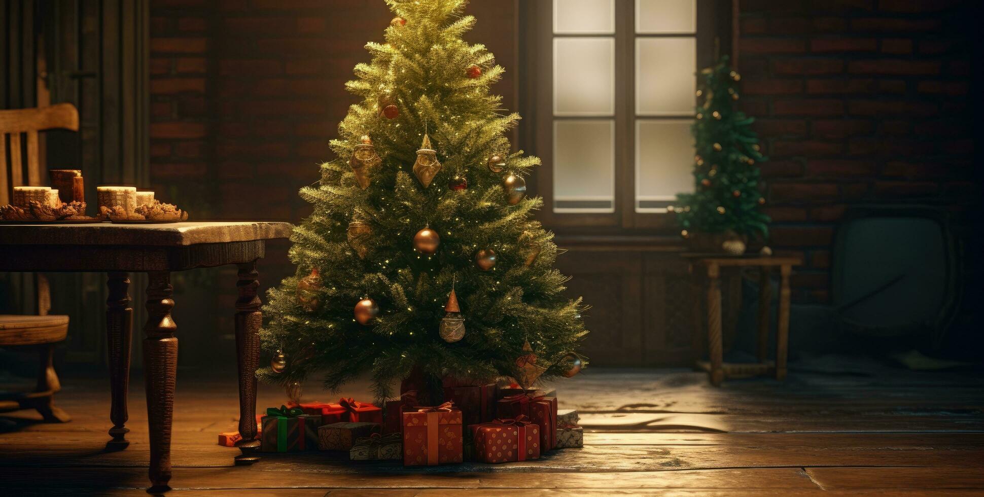 AI generated a christmas tree on a wooden table photo