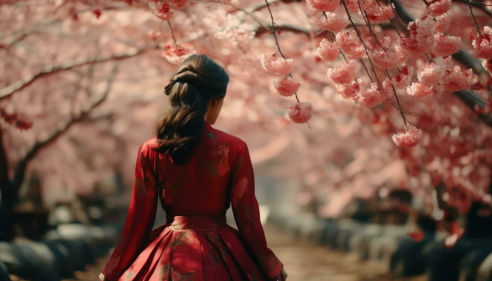 AI generated a chinese girl in front of thousands of cherry blossoms photo