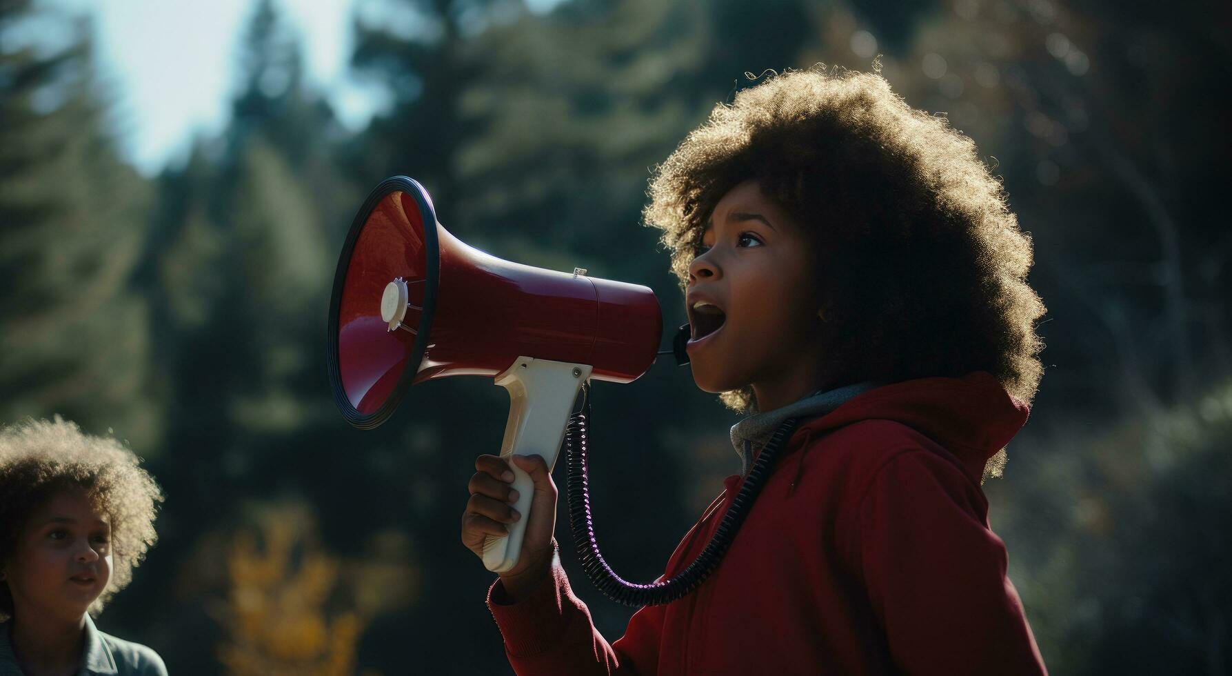 AI generated a child speaking with a red megaphone black woman photo