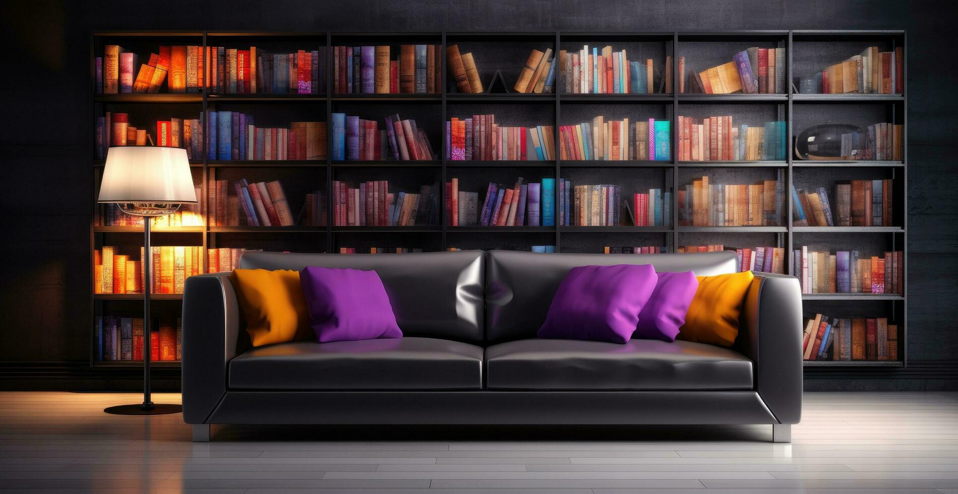 AI generated a black sofa in a room filled with books photo