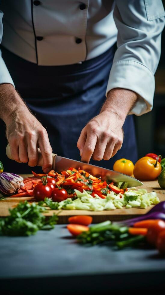AI generated A close-up shot of a chef's hands as he expertly cuts vegetables with a sharp knife photo