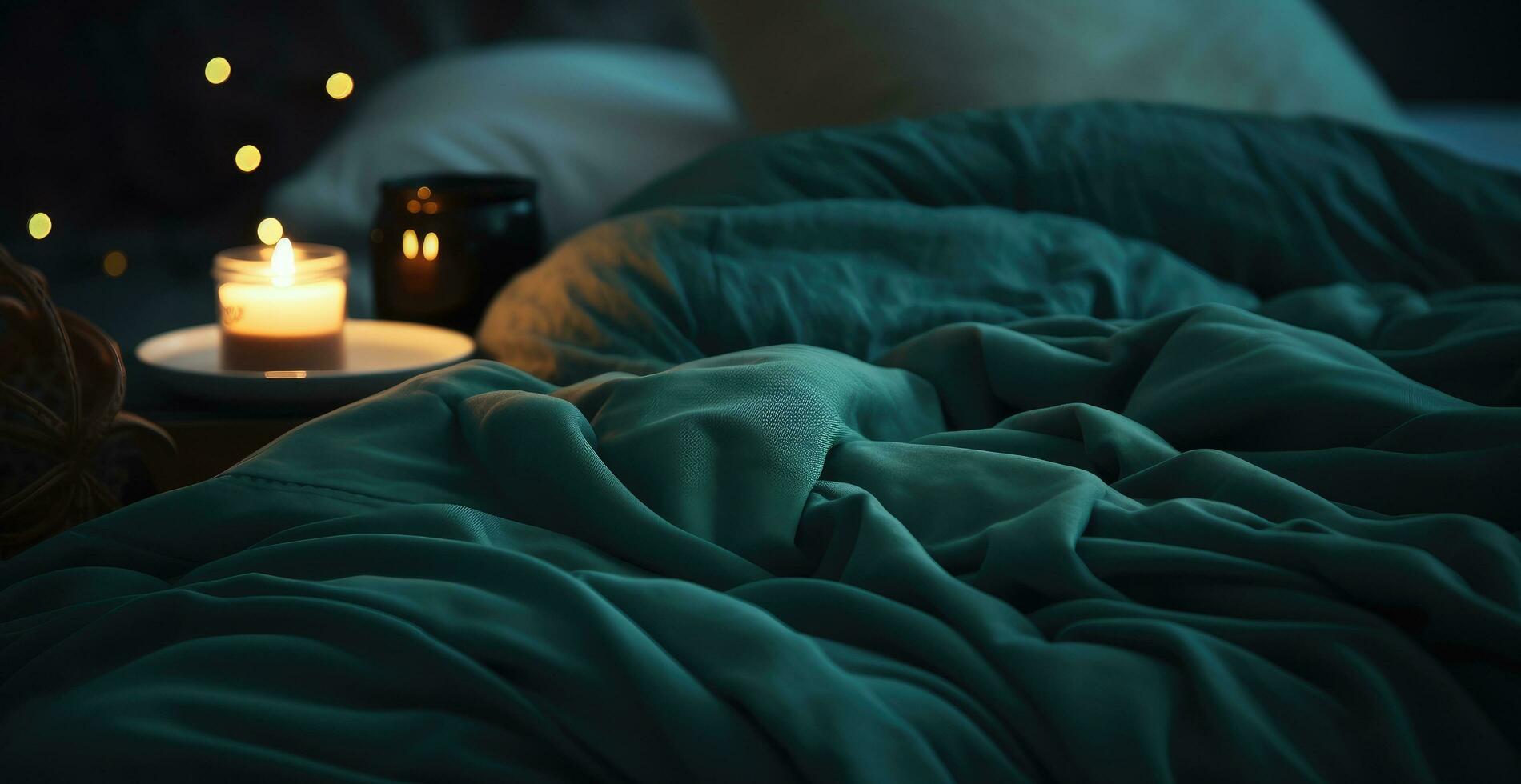 AI generated a bed is covered with blankets and candles photo