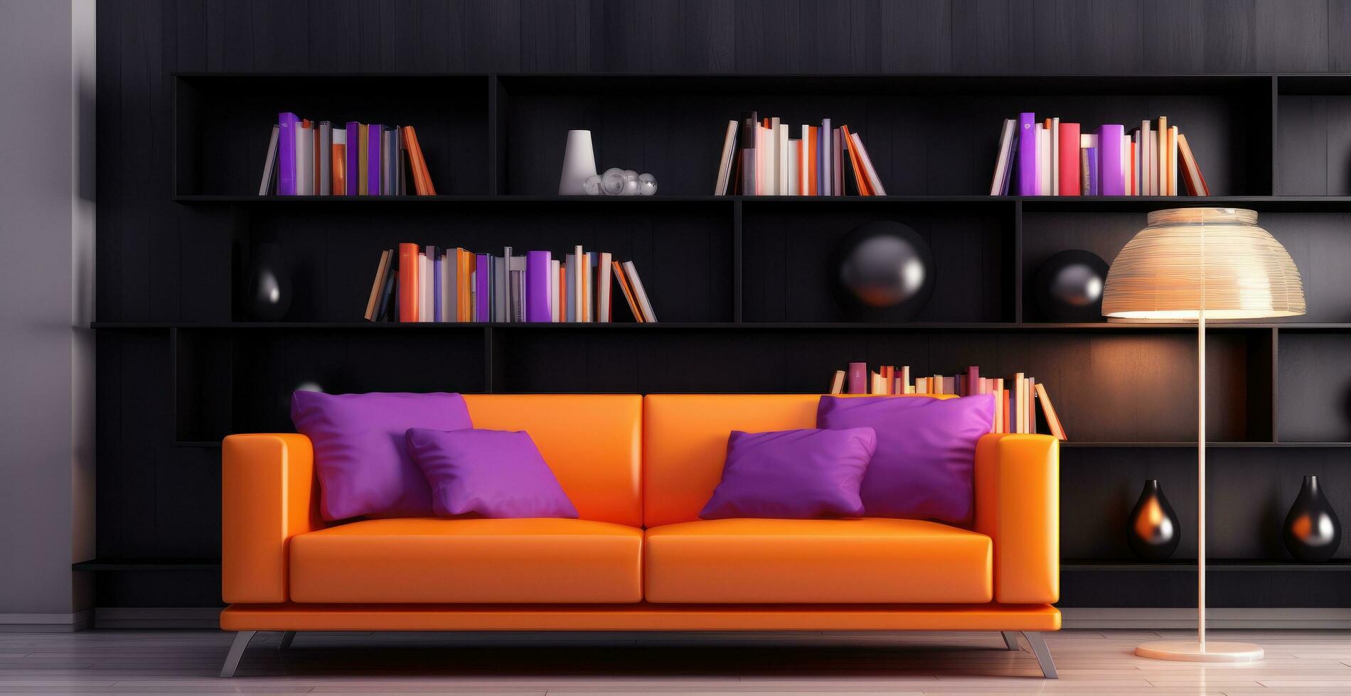 AI generated a black sofa in a room filled with books photo