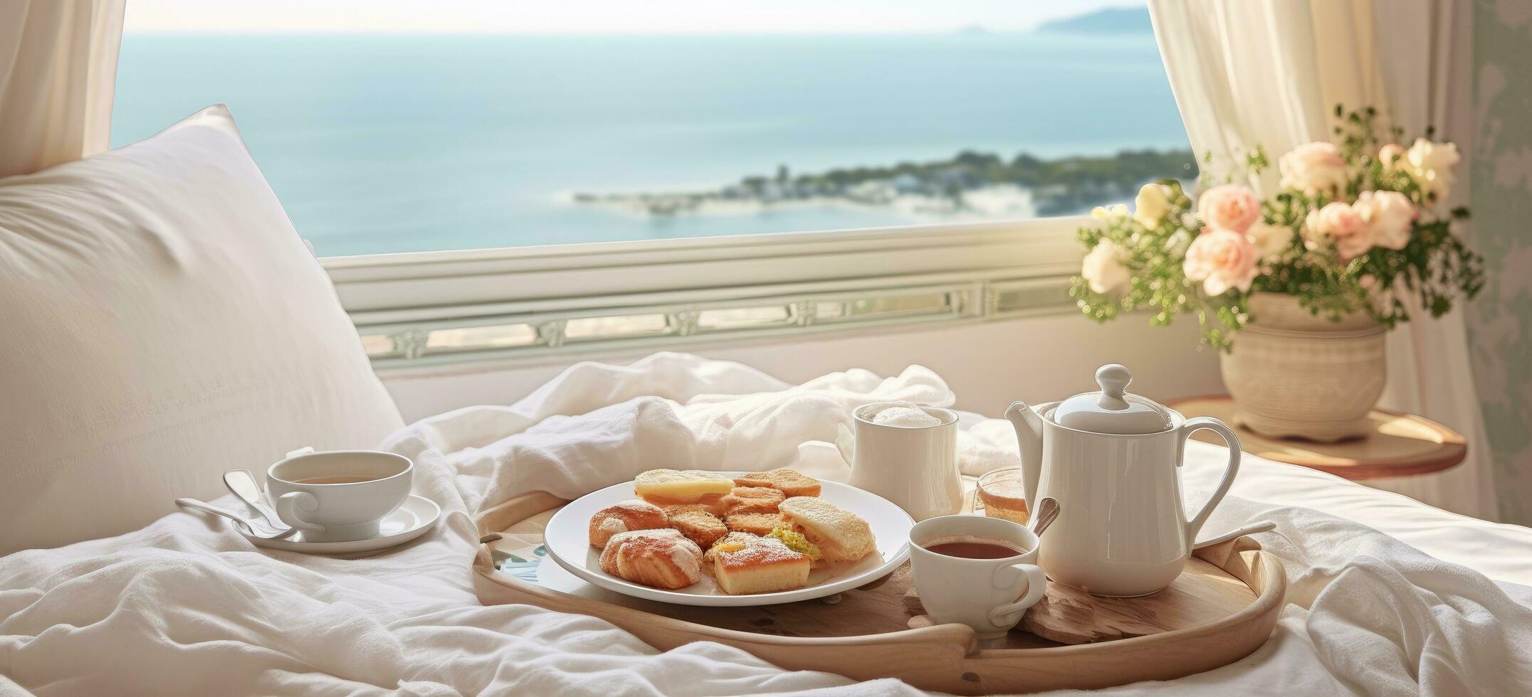 ai generado un cama con blanco hojas y un bandeja con café y té foto