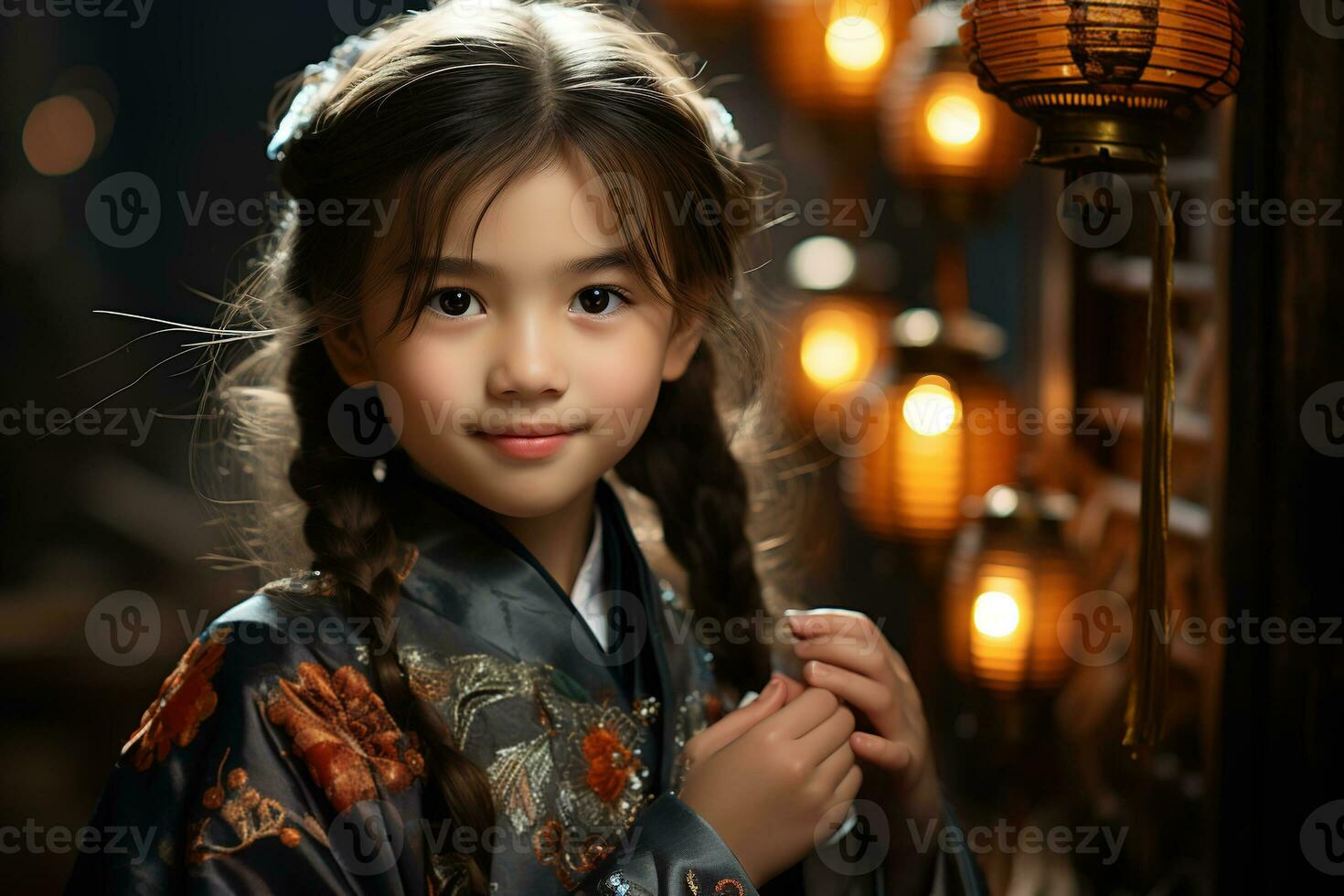 AI generated A cute Chinese girl wearing traditional clothes holding a lantern on Lunar New Year. Generative Ai. photo