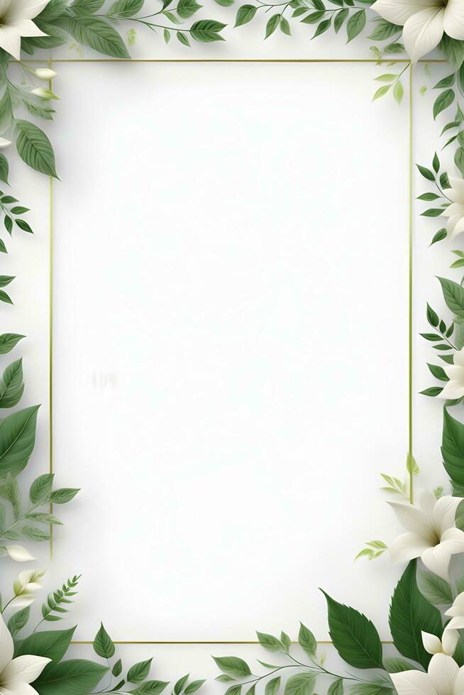 AI generated Green Leaf With White Flower Border Frame photo