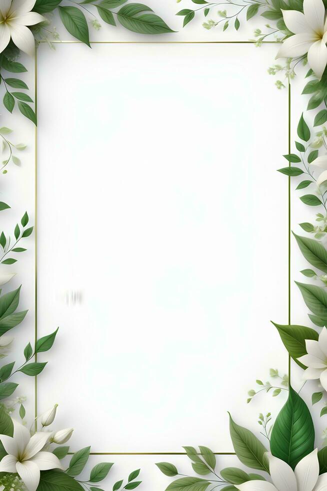 AI generated Green Leaf With White Flower Border Frame photo