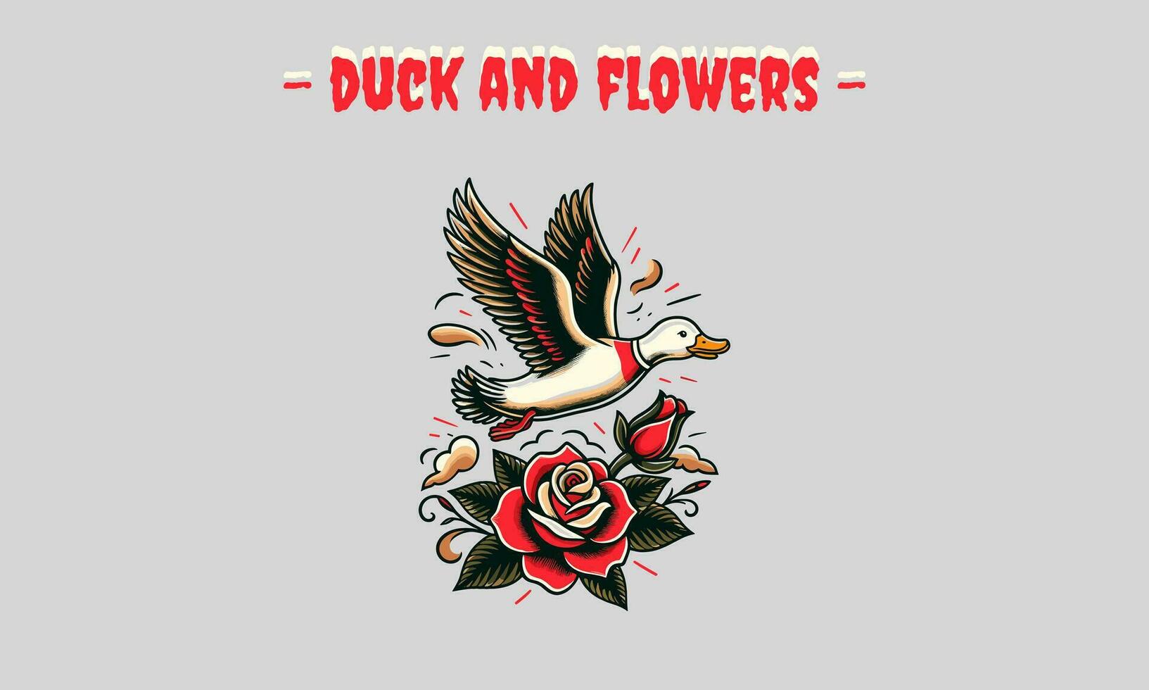 flying duck and rose vector tattoo design