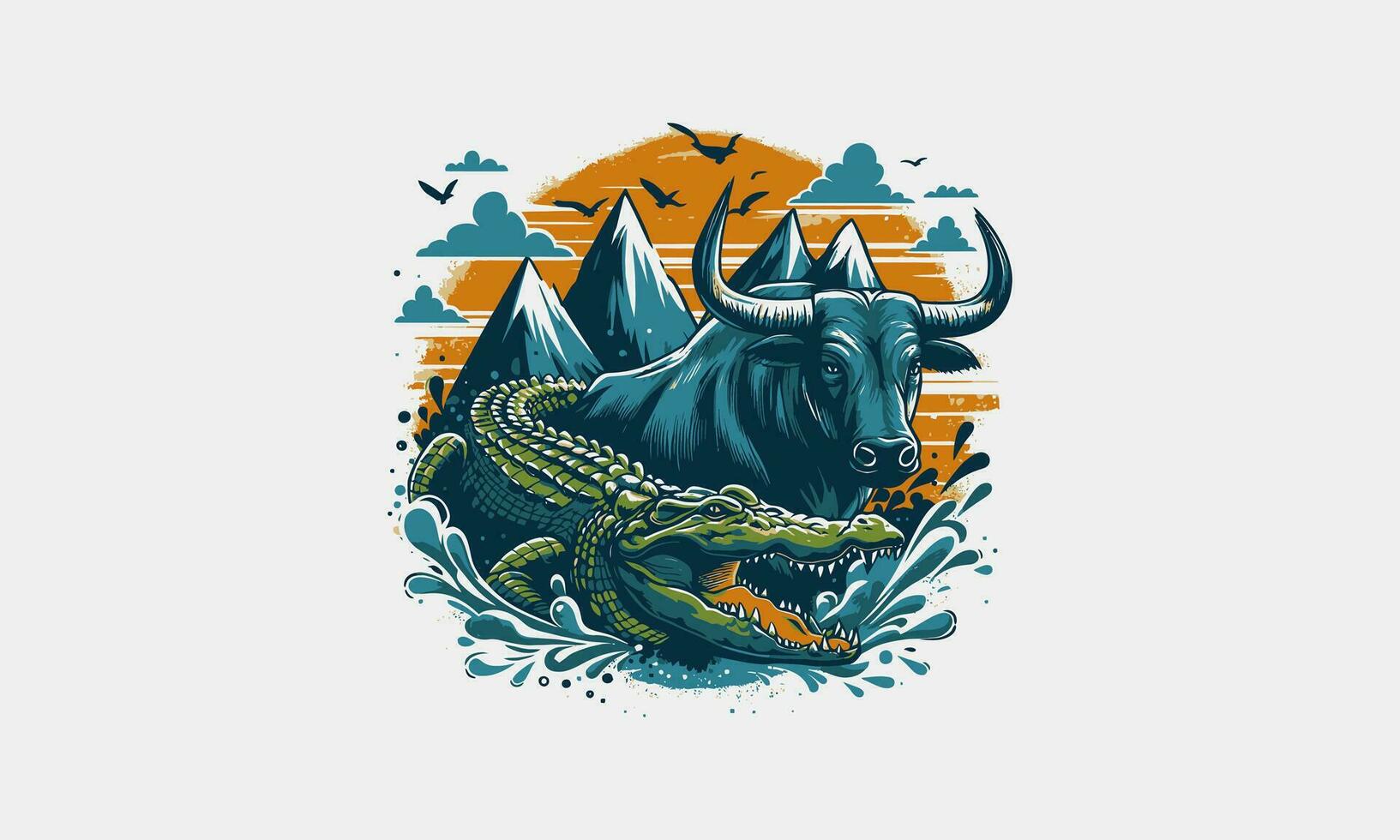 bull and crocodile on mountain vector artwork design
