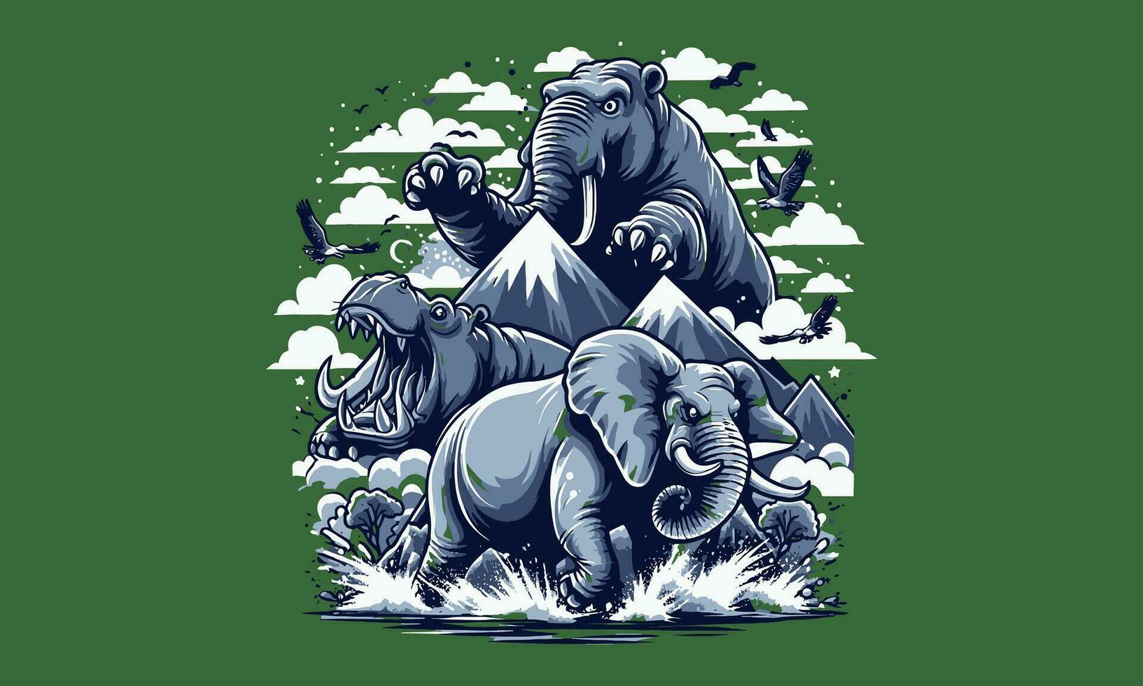 elephant and hippo on mountain vector artwork design