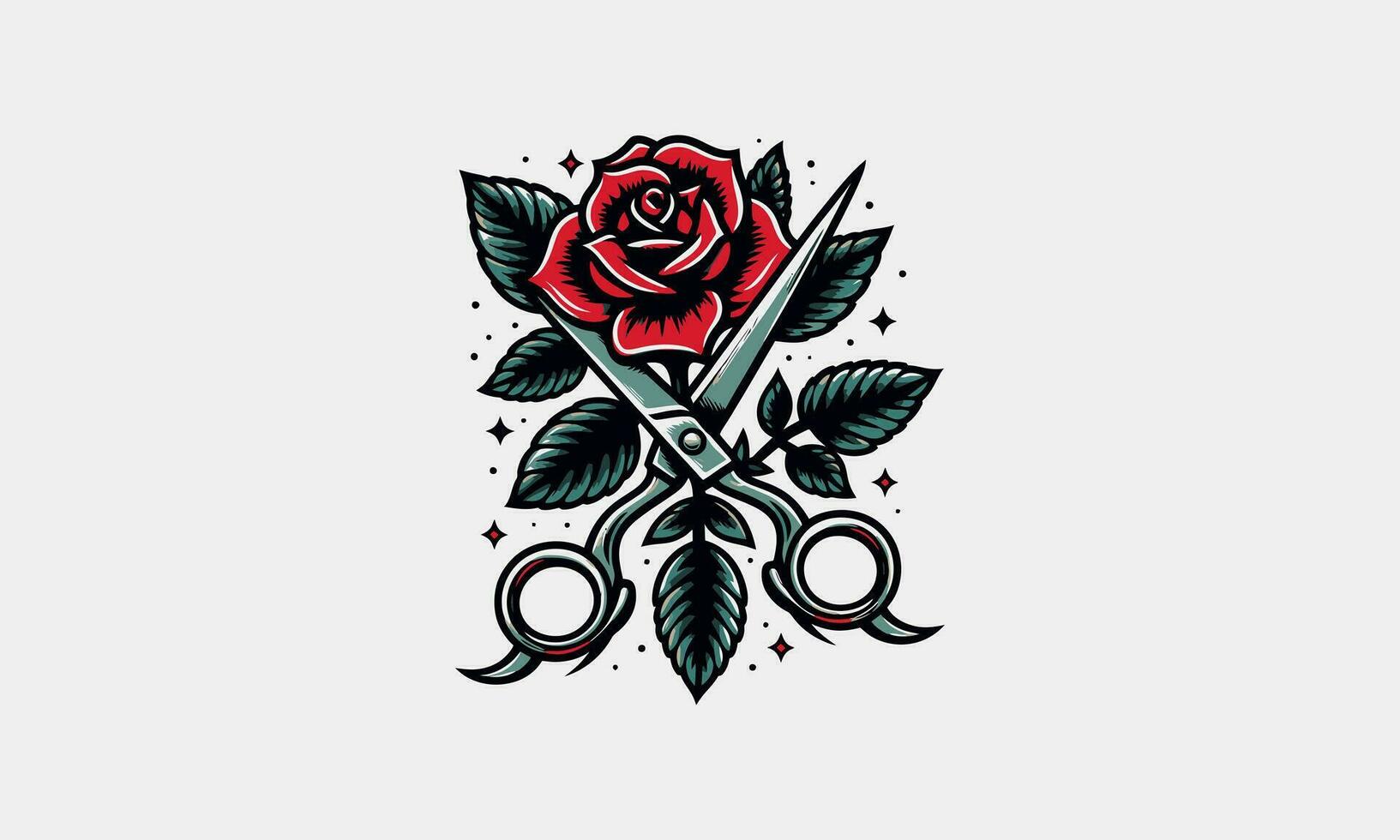 red rose with scissors vector tattoo design