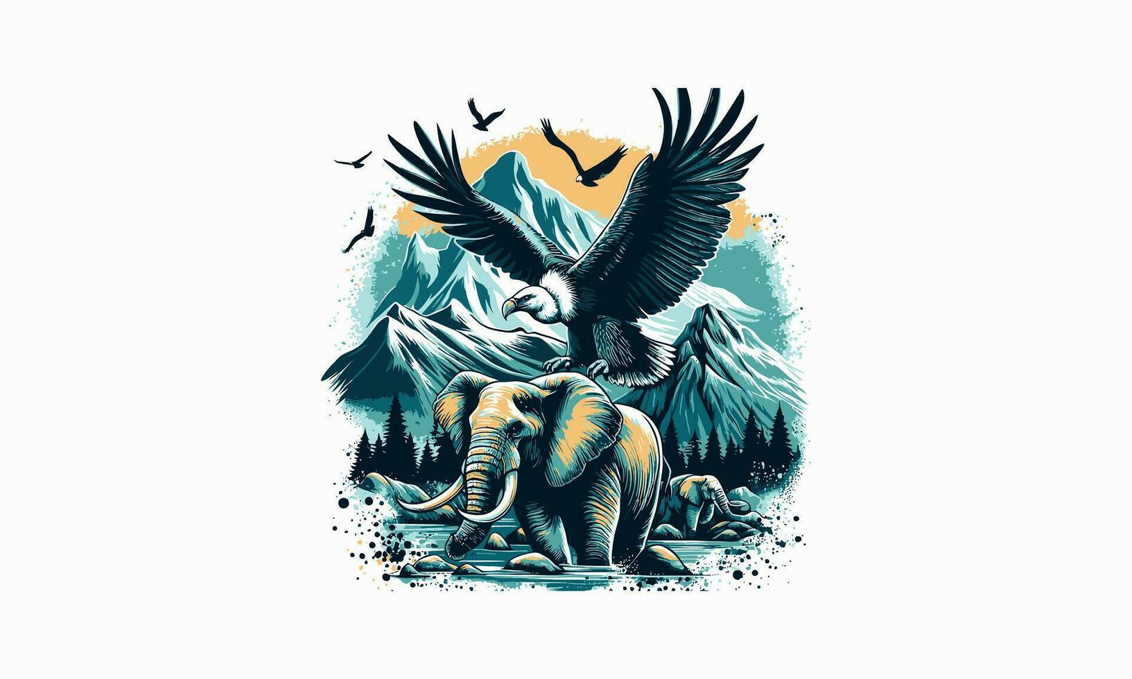 flying vulture and elephant on mountain vector artwork design