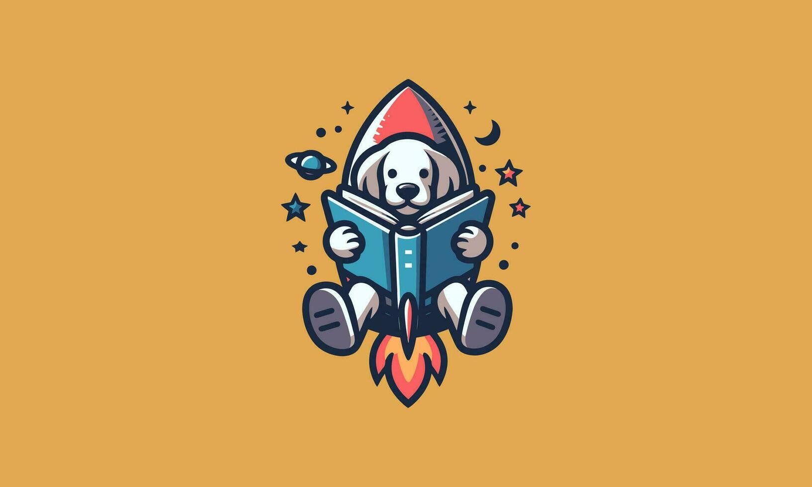 dog reading book with rocket vector logo design