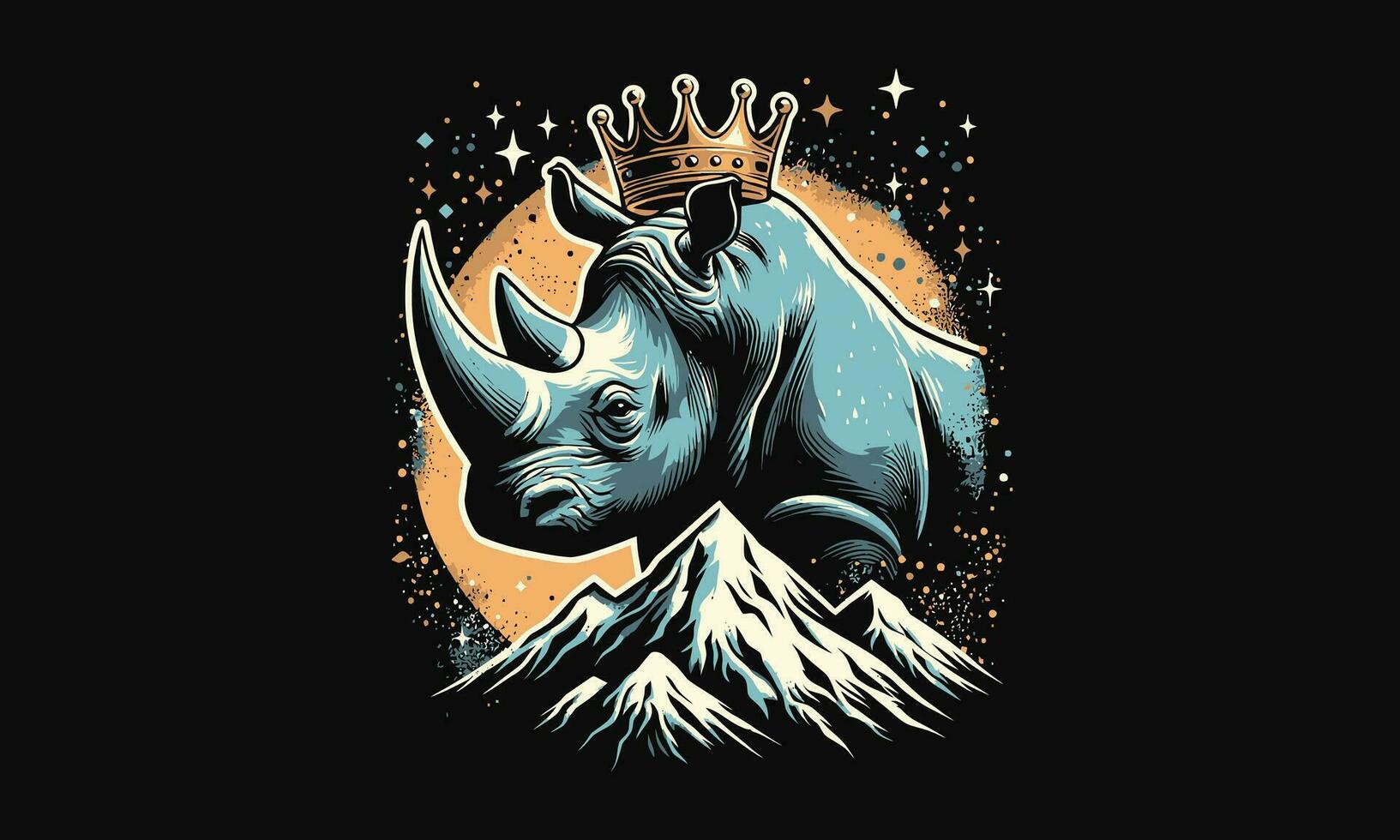 head rhino wearing crown on mountain vector artwork design