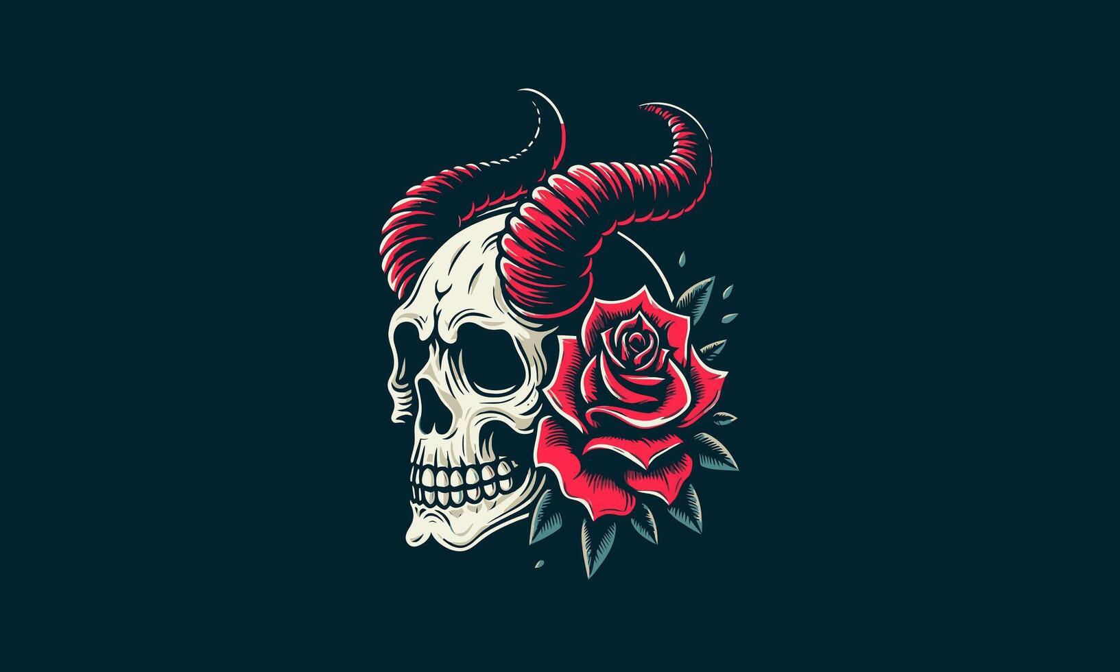 head skull with horn and rose vector tattoo design