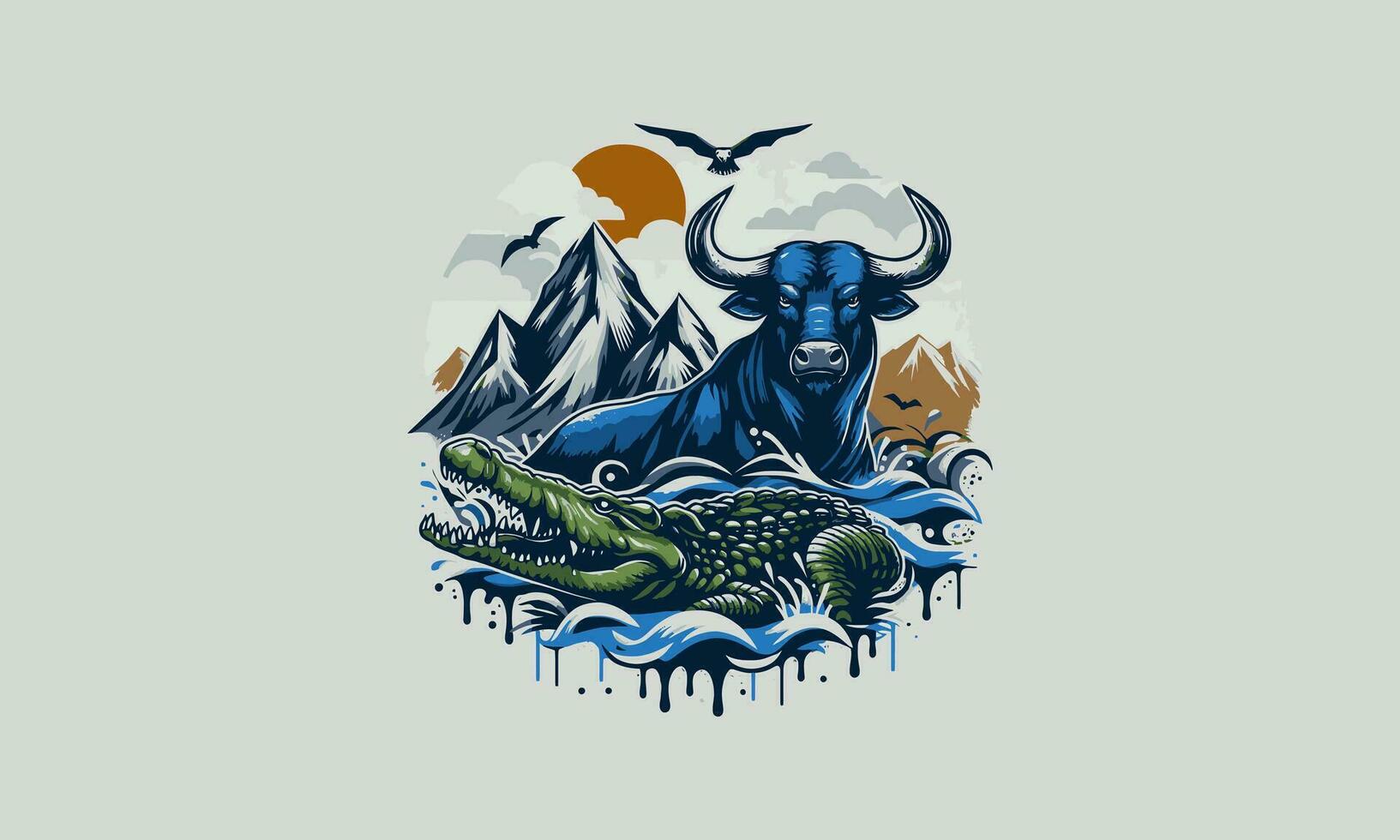 bull and crocodile on mountain vector artwork design