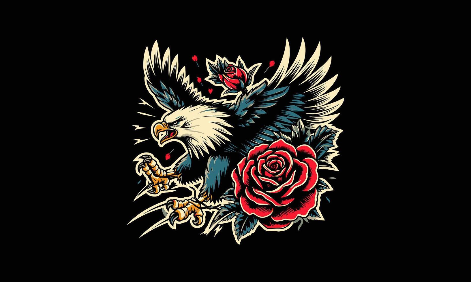 flying eagle and red rose vector tattoo design