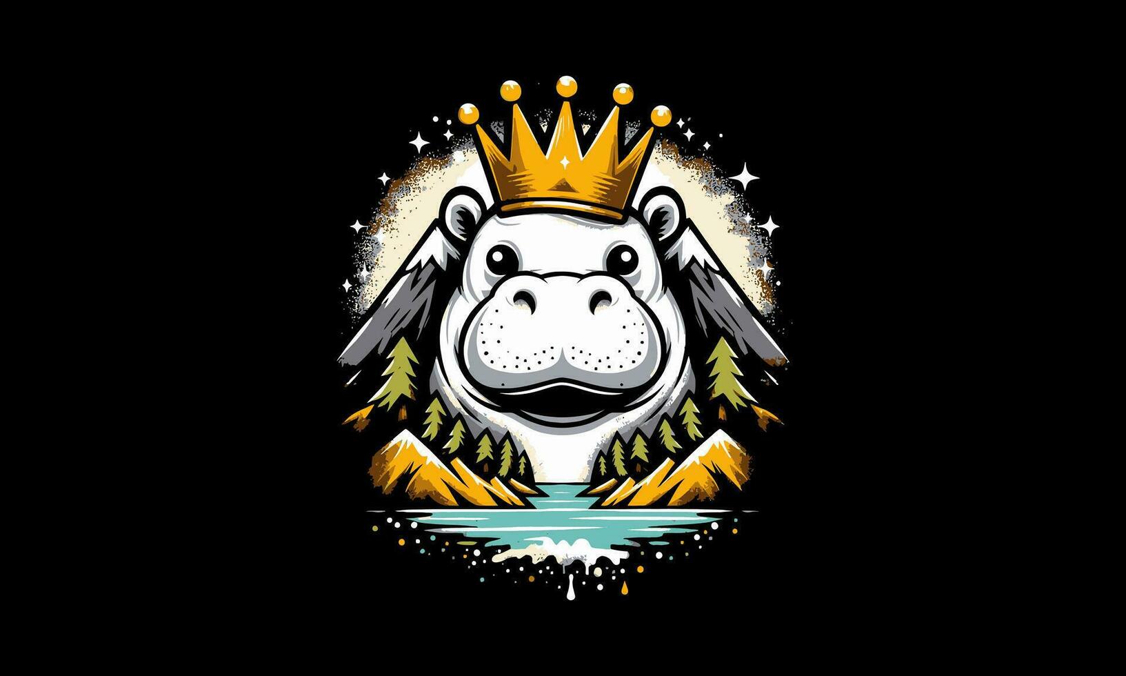 head hippo wearing crown on mountain vector artwork design