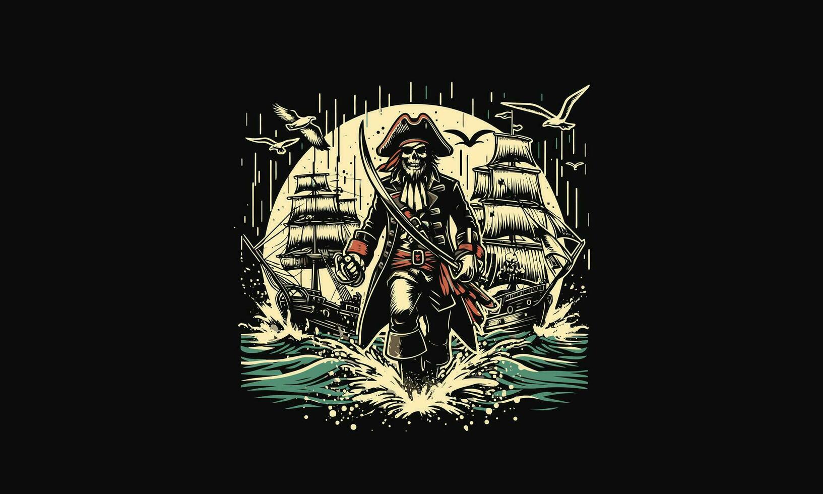 pirata y Embarcacion en mar vector ilustración obra de arte diseño
