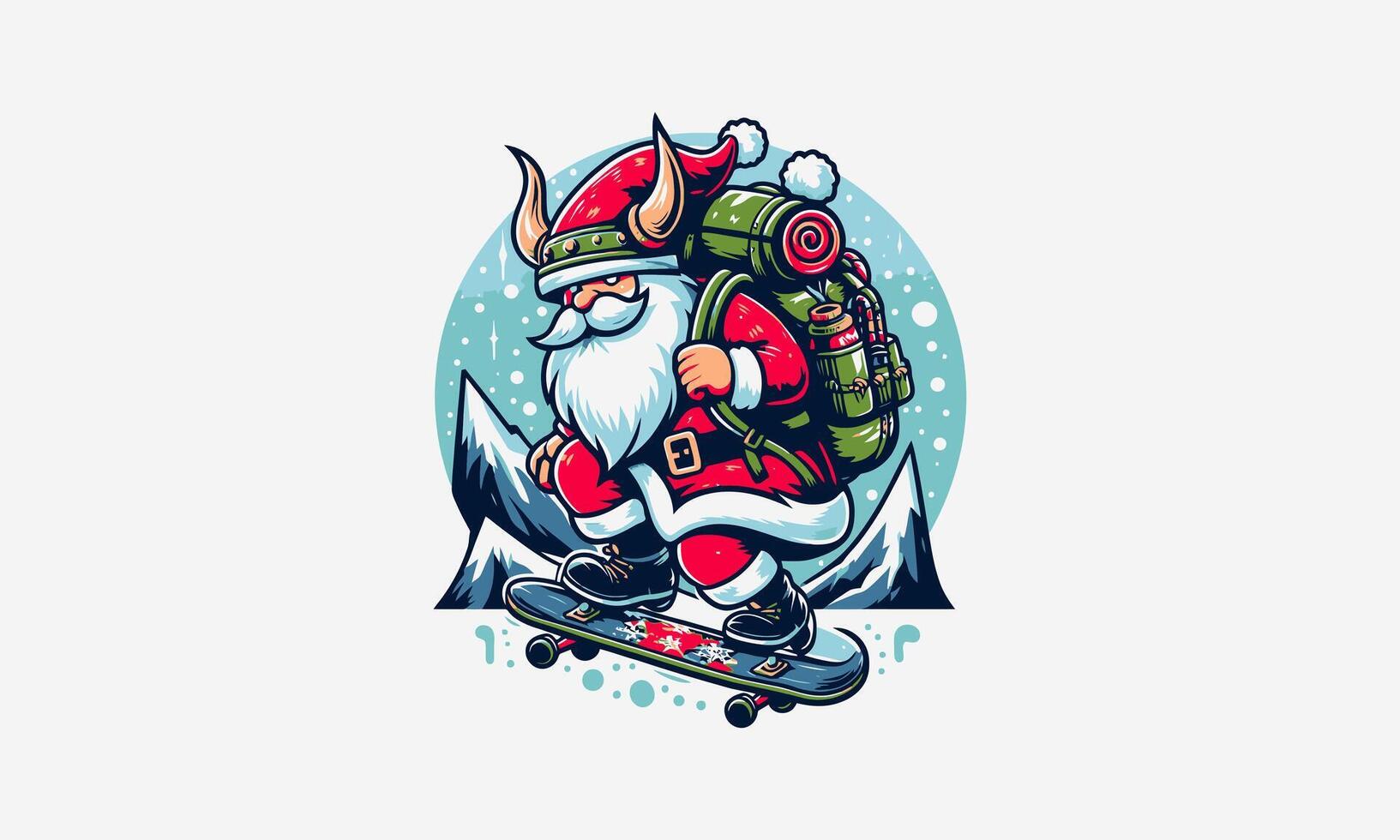 Papa Noel jugando patineta en montaña vector plano diseño