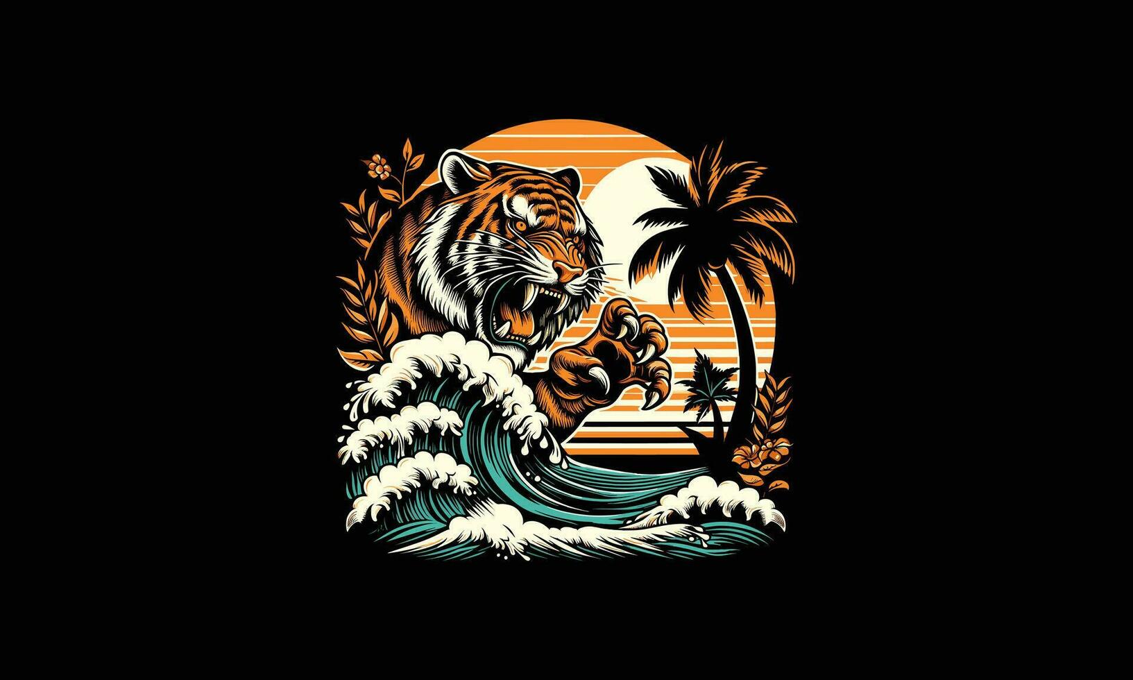 tiger angry with palm vector flat design
